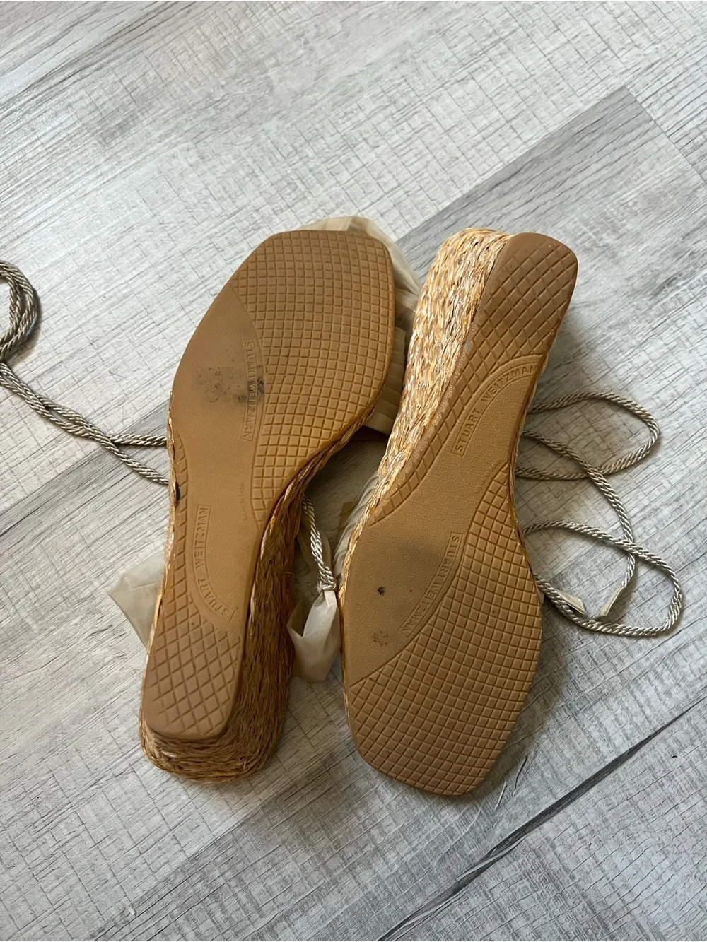 STUART WEITZMAN Cream Espadrille Wedge Sandals with Wrap Ankle Tie Tulle Size 9 - Picture 10 of 14